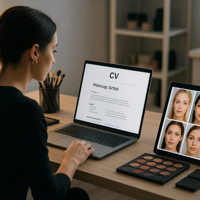 maquilleuse vérifiant un CV numérique et un portfolio sur écran