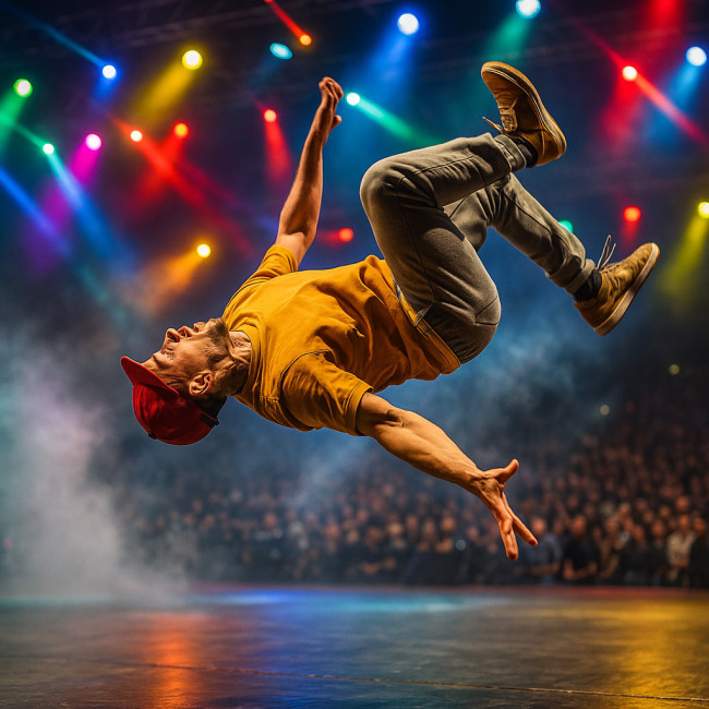 Danseur hip-hop réalisant un salto en tournée