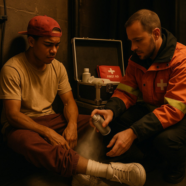 Danseur hip-hop blessé recevant des soins en coulisses