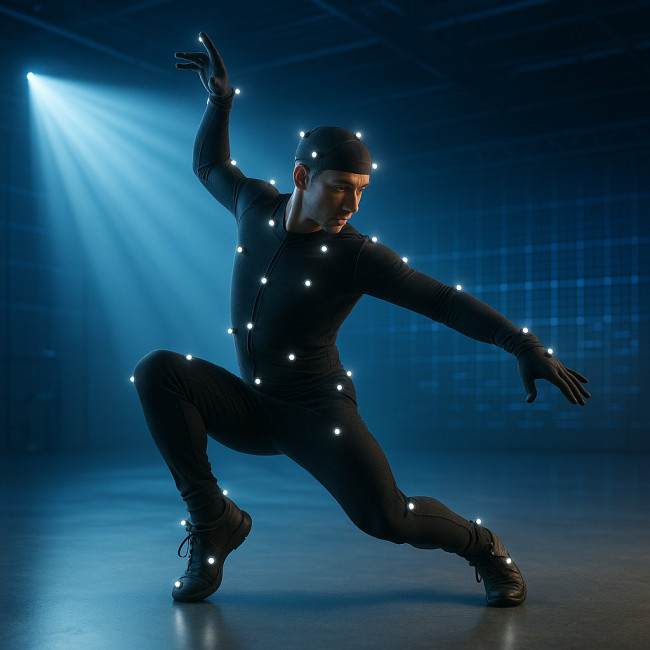 Danseur portant combinaison de motion capture en studio
