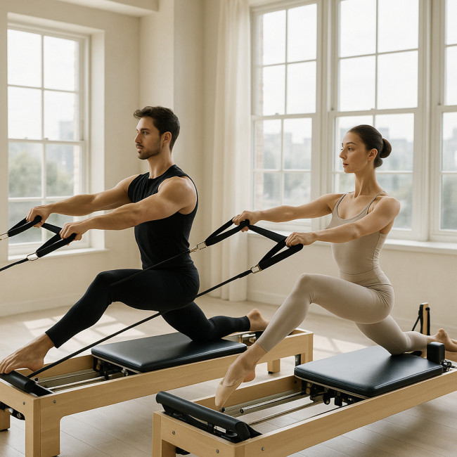 Deux danseurs pratiquent le Pilates sur un Reformer