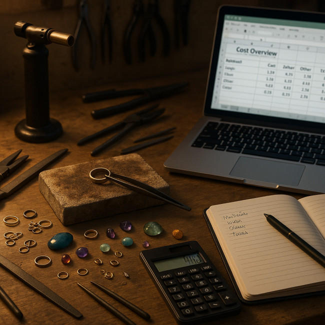 Établi de créateur de bijoux avec outils, pierres et tableur de coûts