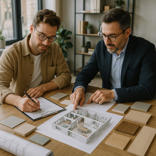 Décorateur et architecte travaillant ensemble sur des plans