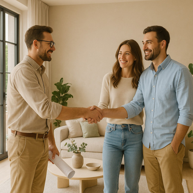 décorateur félicite des clients dans un salon rénové