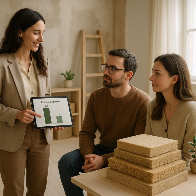 Décoratrice montrant des options de décoration bas-carbone