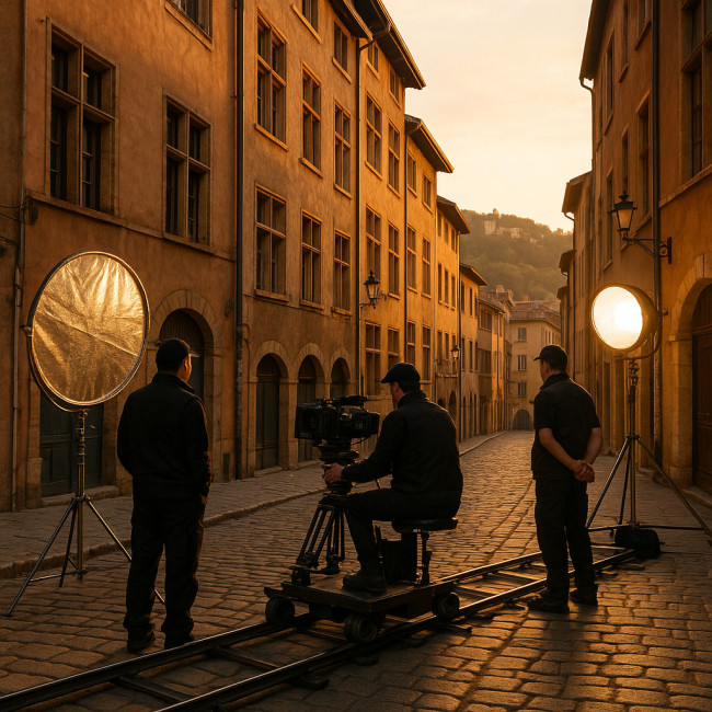 Équipe de tournage dans une rue du Vieux-Lyon