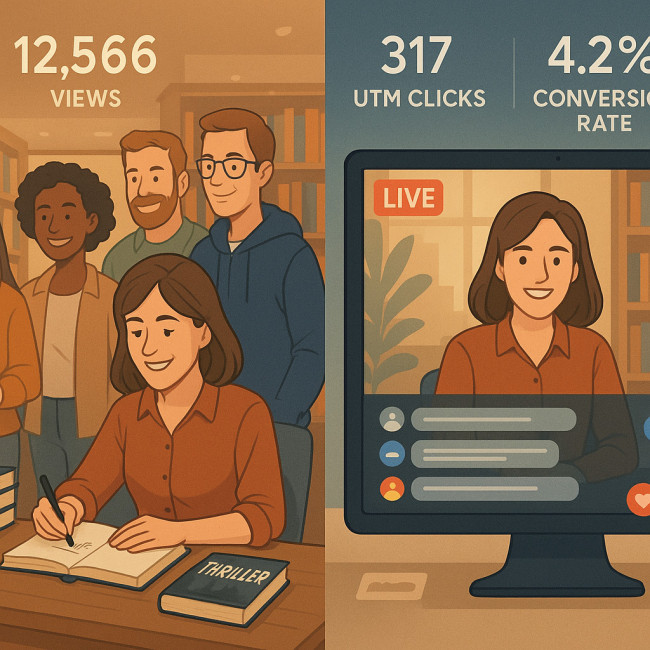 Illustration simultanée d'une séance de dédicace et d'un live streaming montrant les résultats KPI