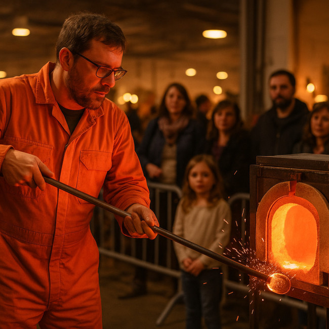 Artisan souffleur de verre montrant son savoir-faire devant un public