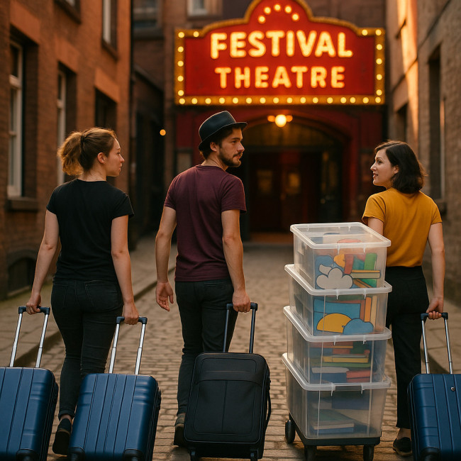 Comédiens transportant des trolleys cabine vers un théâtre de festival