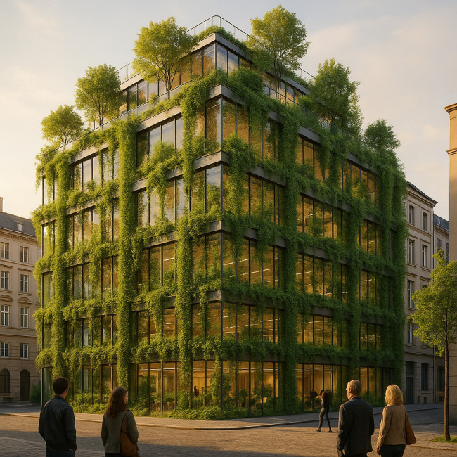Immeuble de bureaux biophilique couvert de végétation en ville