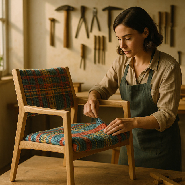 designer assemblant fauteuil textile et bois