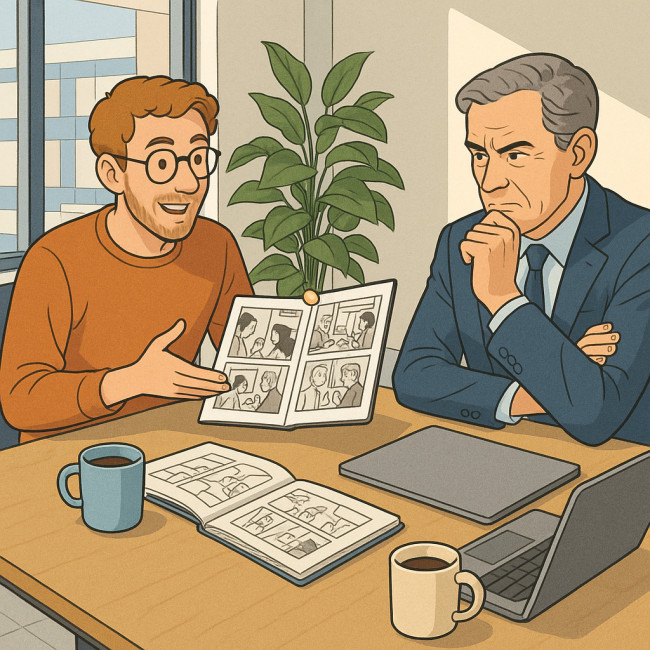 dessinateur BD présentant ses planches à un éditeur exigeant