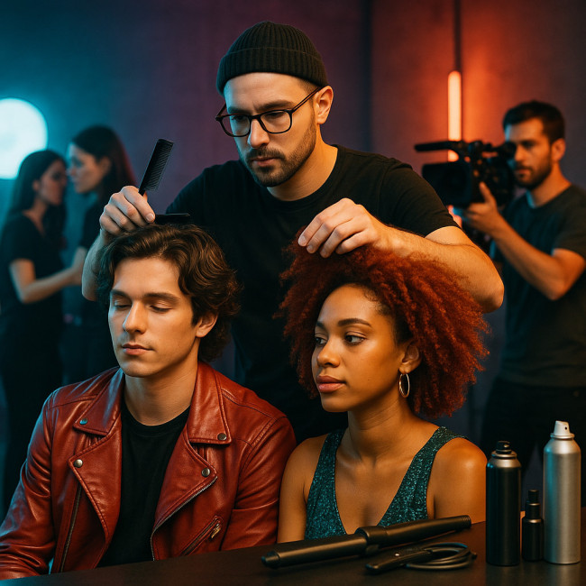 Coiffeur sur le plateau d'un clip musical