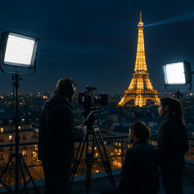 équipe de tournage vidéo sur un toit parisien la nuit