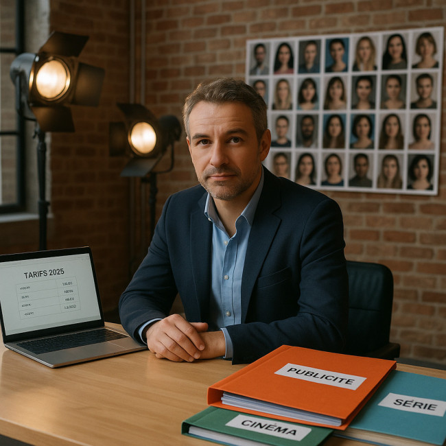 Directeur de casting examinant une grille tarifaire 2025