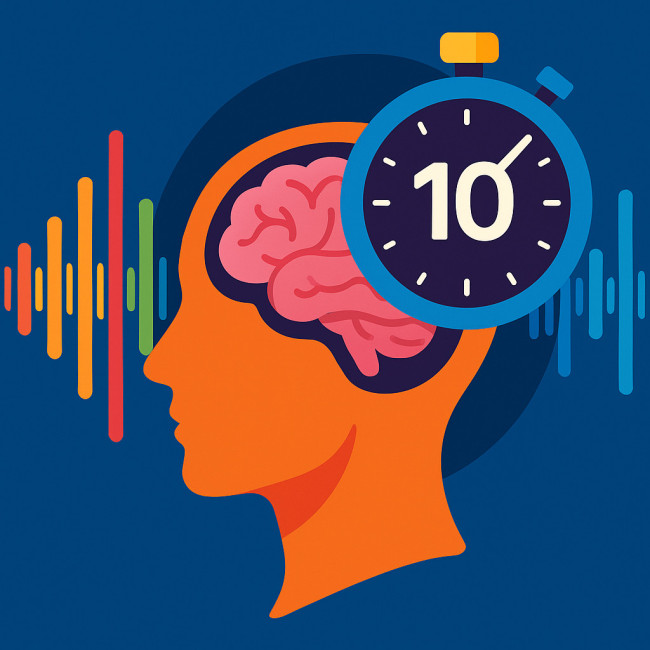 Cerveau, chronomètre et ondes sonores symbolisant l'analyse en dix secondes