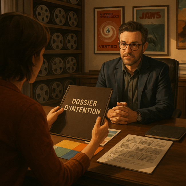 Scénariste présentant un dossier d'intention à un producteur