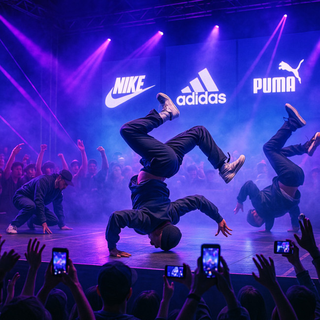 Danseurs hip-hop sur scène avec logos sponsors