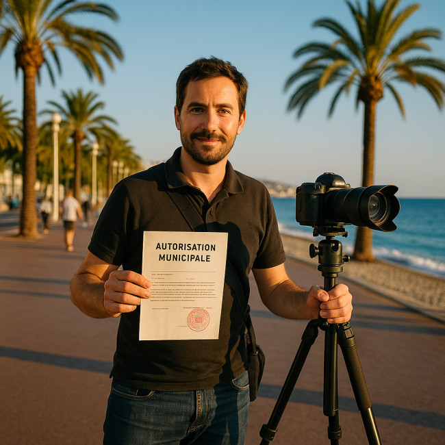 Photographe montrant son autorisation sur la Promenade des Anglais
