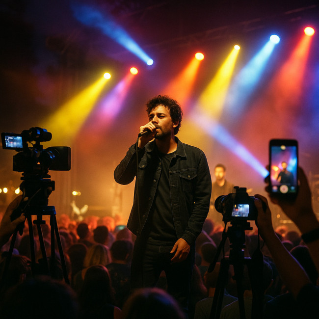 Artiste sur scène entouré de caméras illustrant enjeux des droits à l'image