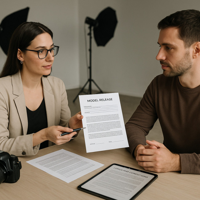photographe présente un contrat de droit à l'image à un modèle