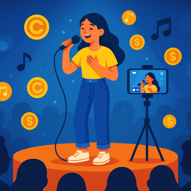 illustration d'une chanteuse en live streaming symbolisant les droits voisins
