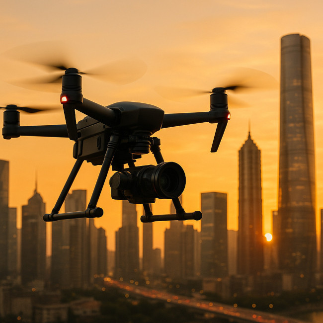 Drone filmant une ville au coucher du soleil