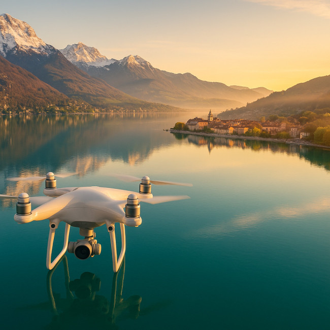 Drone survolant le lac d'Annecy au lever du soleil