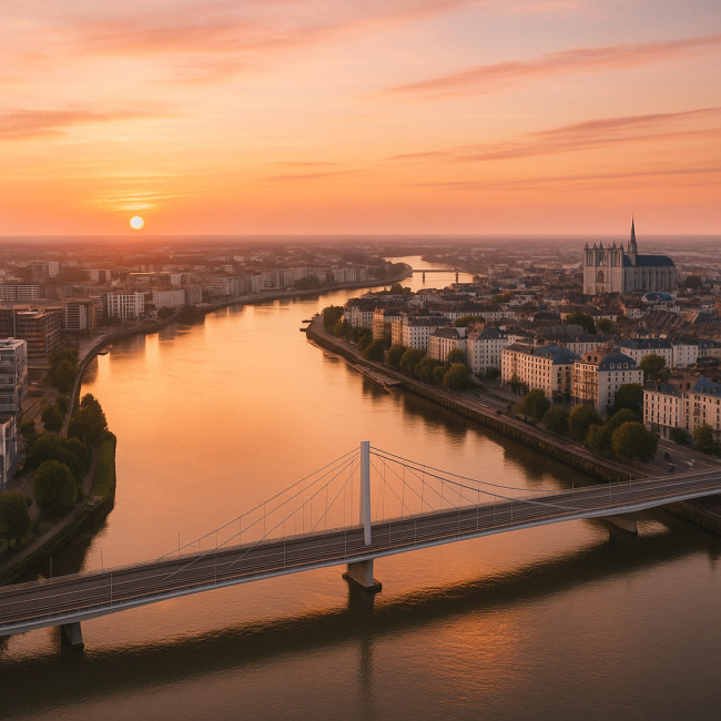 Vue aérienne de Nantes au coucher du soleil avec la Loire et le pont Éric-Tabarly