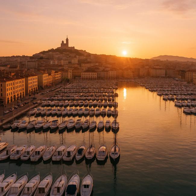 vue drone du Vieux-Port de Marseille à l'aube