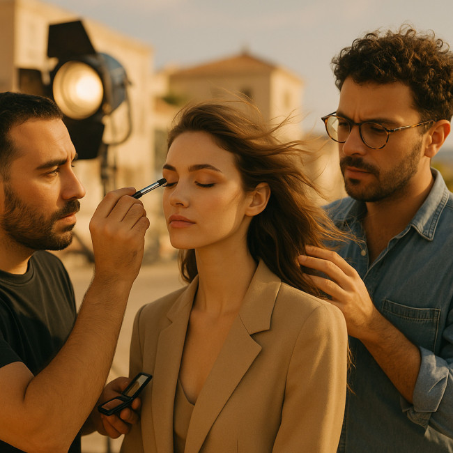 maquilleur et coiffeur marseillais en action sur un tournage