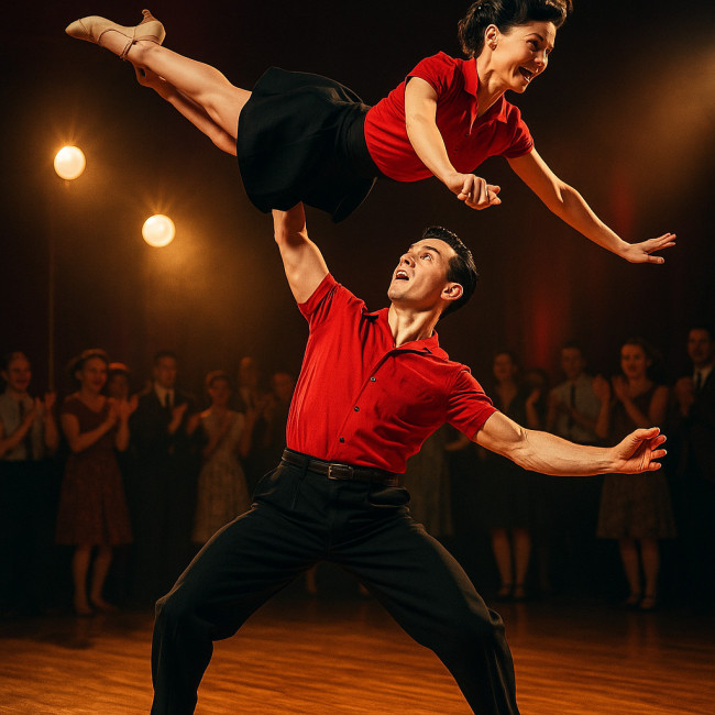 Duo rock'n'roll effectuant un lift spectaculaire