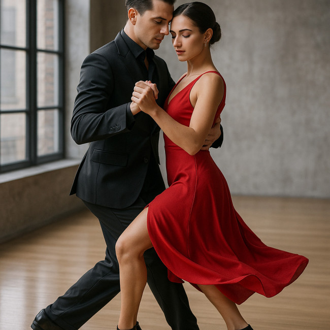 Duo de danseurs de tango en studio, capture verticale