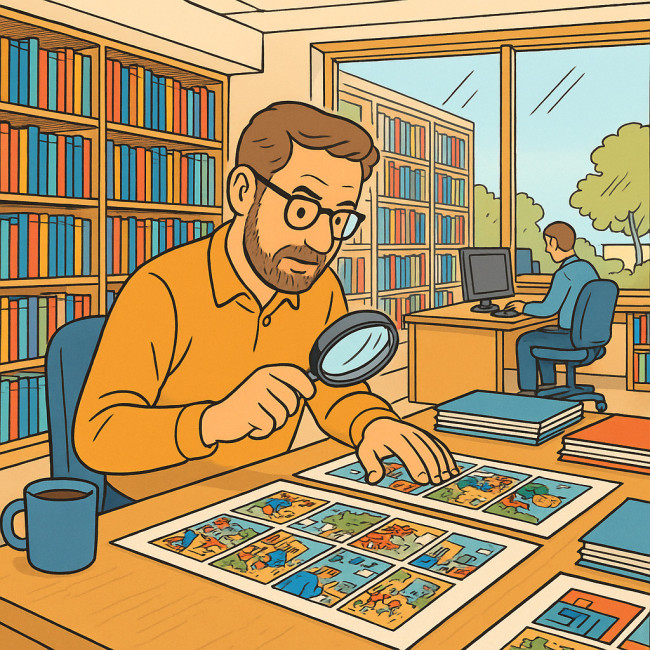 Un éditeur BD examine attentivement un manuscrit illustré