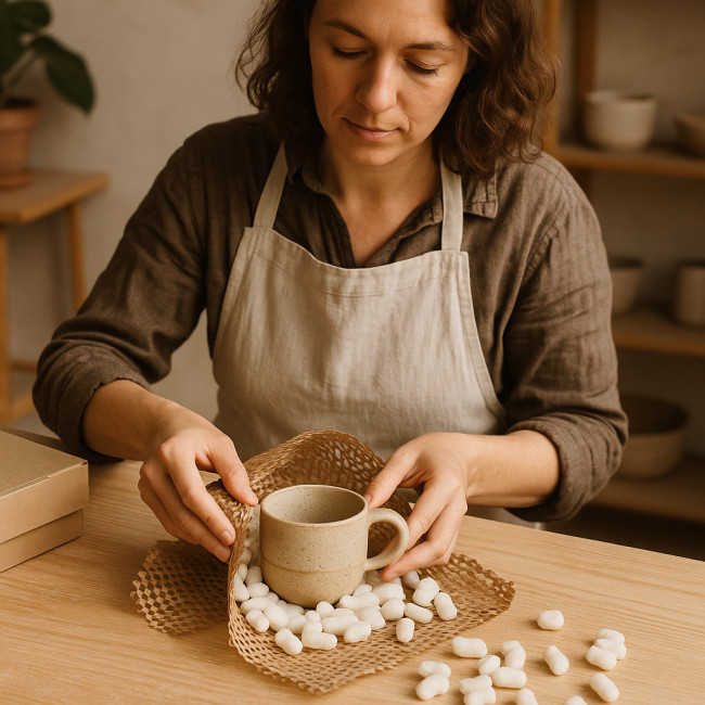 Céramiste emballant une tasse en grès pour expédition sécurisée