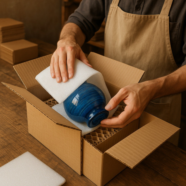 Artisan emballant une sculpture fragile dans un double carton