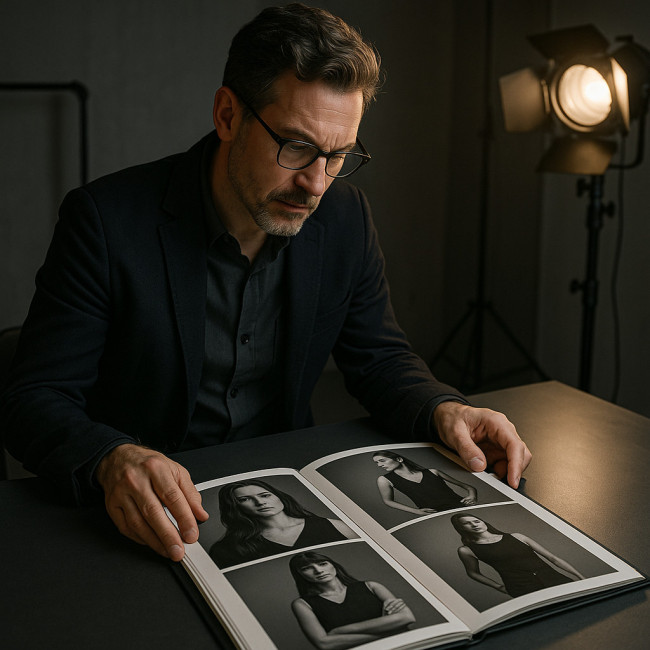 Agent artistique analysant la narration visuelle d'un book mannequin