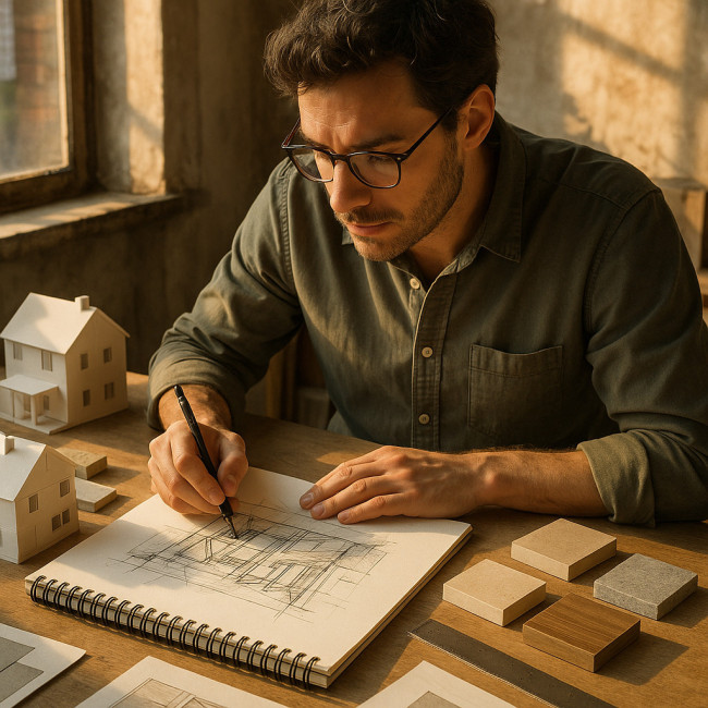 architecte dessinant un croquis dans son atelier