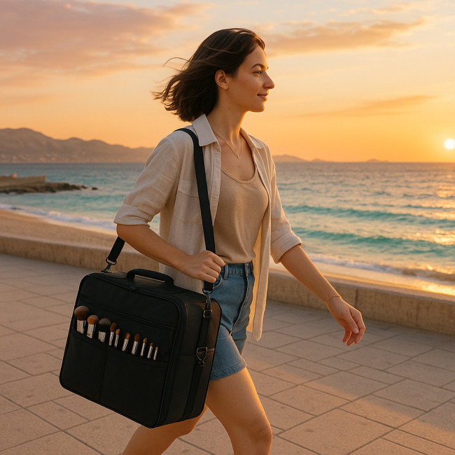 maquilleuse freelance en déplacement sur une plage marseillaise