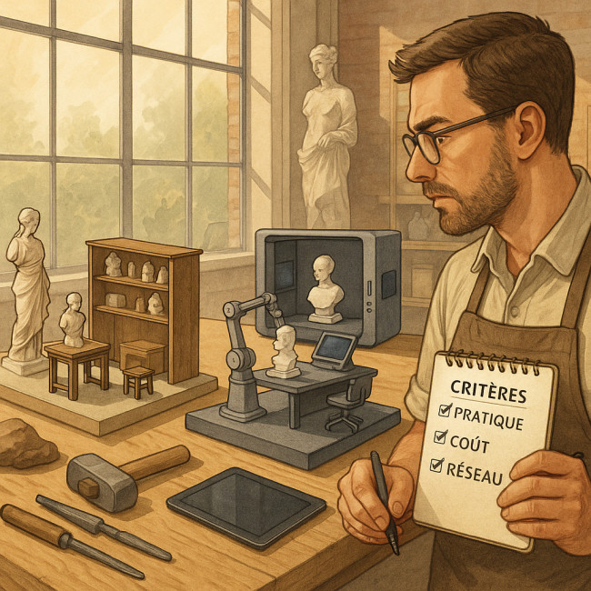 Sculpteur analysant et comparant deux stages dans son atelier