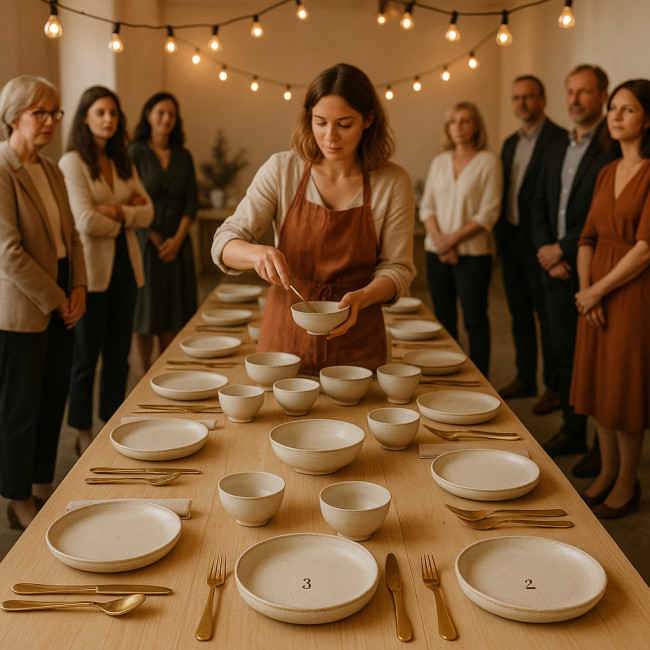 showroom éphémère dressé avec vaisselle artisanale et démonstration culinaire