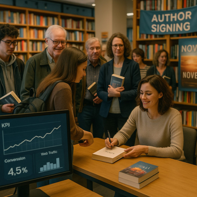 Une autrice signe ses livres devant un écran affichant les KPI de l'évènement