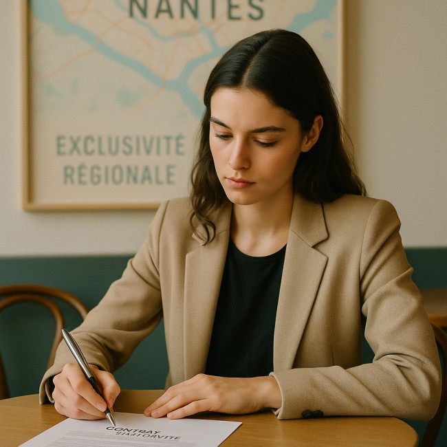 Illustration d'une modèle signant un contrat d'exclusivité à Nantes