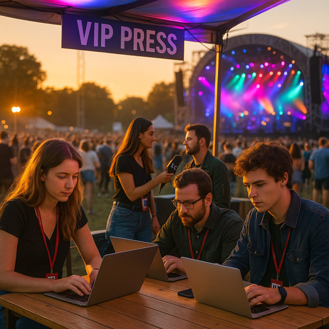 journalistes dans l'espace presse d'un festival