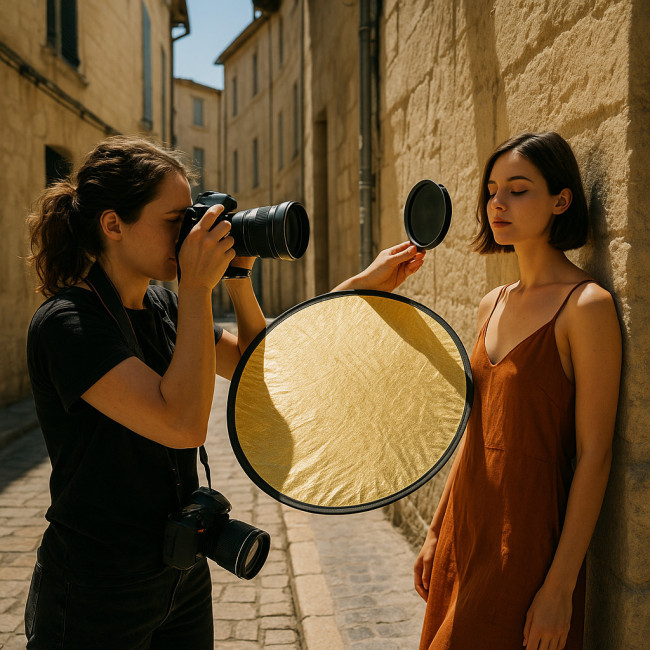 Photographe réglant l'exposition en plein soleil à Montpellier