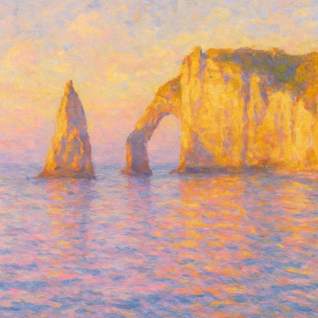 Falaises d'Étretat style impressionniste au lever du soleil