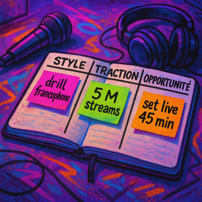 illustration graffiti des trois familles de mots-clés pour une bio rap