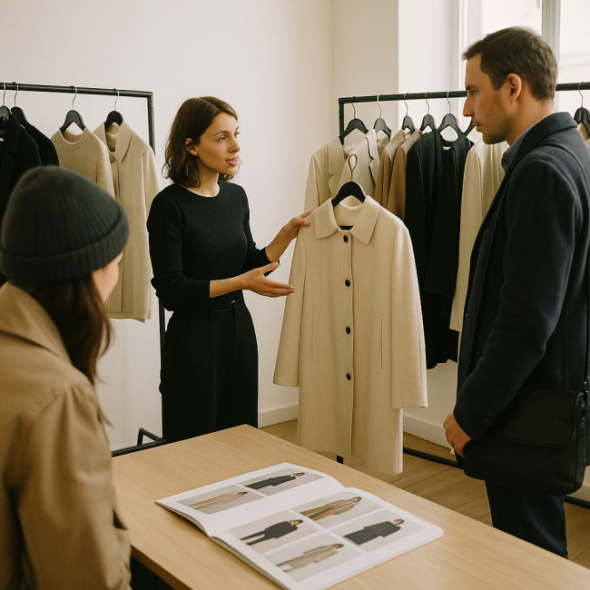Styliste présentant sa collection dans un showroom Off