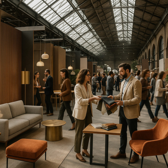 Vue immersive d'un festival de design avec stands et visiteurs