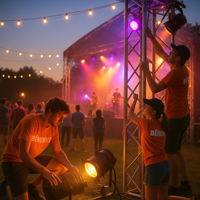 Bénévoles construisant la scène d'un festival au coucher du soleil